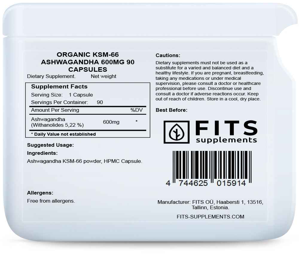 Organic KSM-66 Ashwagandha 600mg 90 capsules