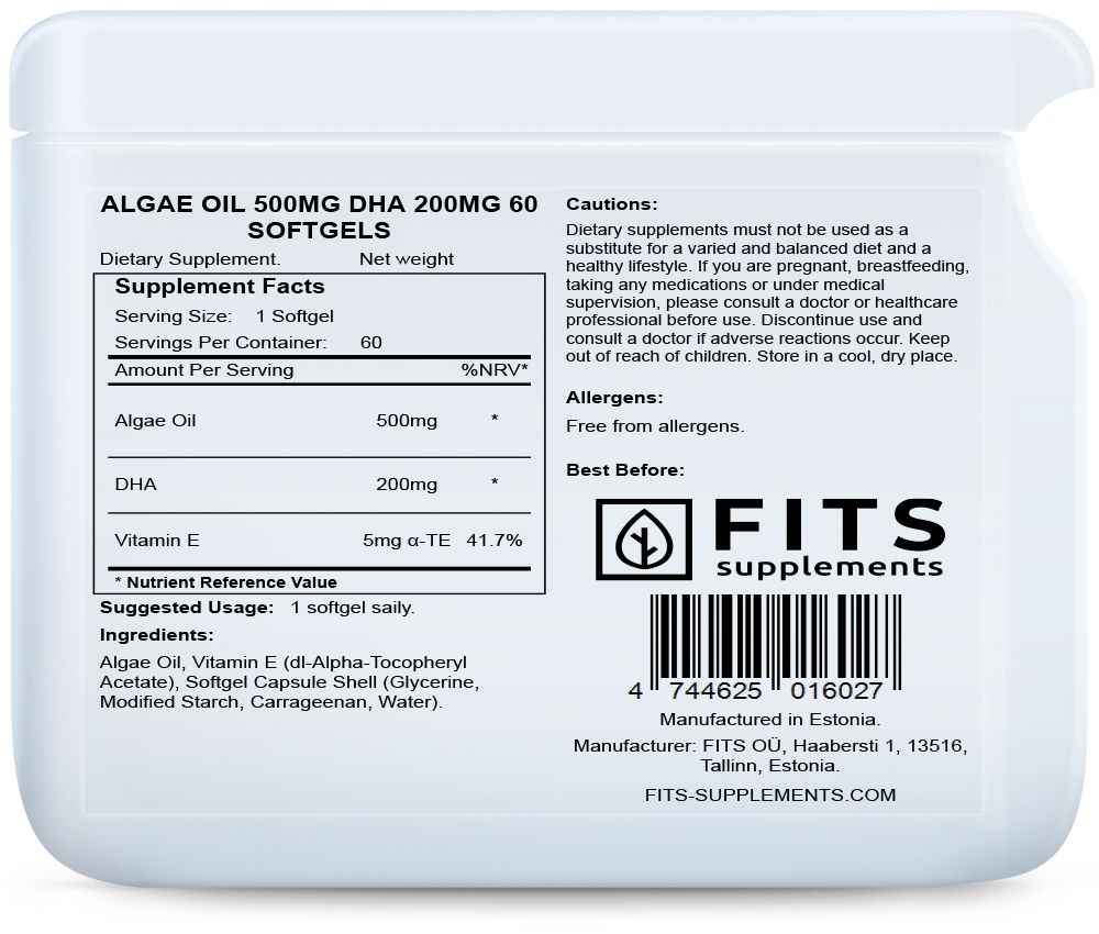 Algae Oil 500mg DHA 200mg 60 softgels