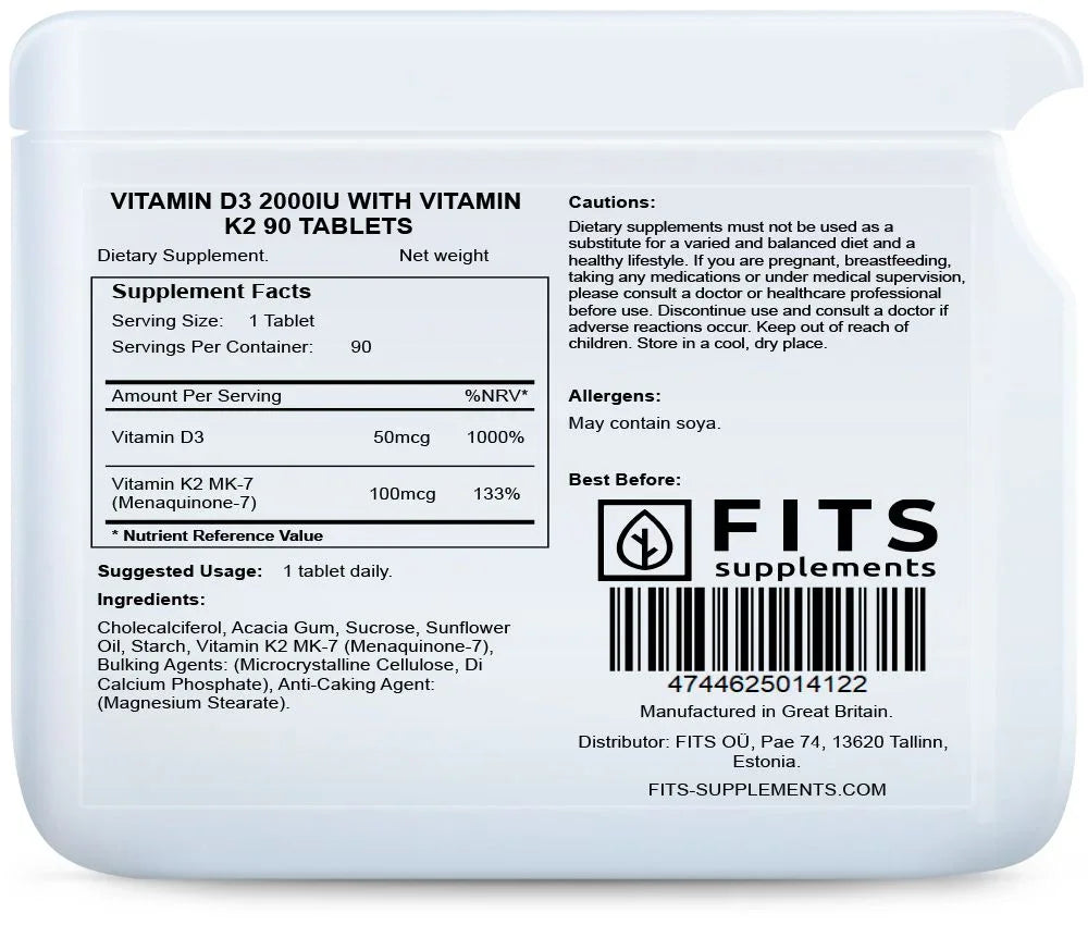 Vitamin D3 2000IU with Vitamin K2 90 tablets - FITS Dietary Supplements